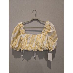 For Love & Lemons Women's XL Yellow Floral Smocked Crop Top